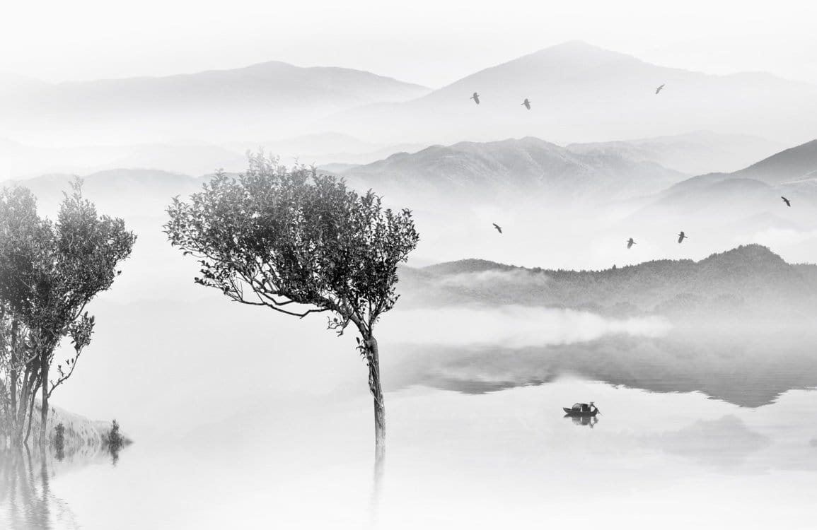 Serene Grey Mountain Mist Mural Wallpaper - Tranquil Landscape Scene Decor