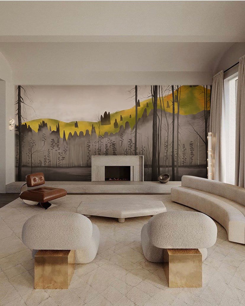 Tranquil Autumn Forest mural with earthy tones, watercolour style in modern lounge, beige curved sofa.