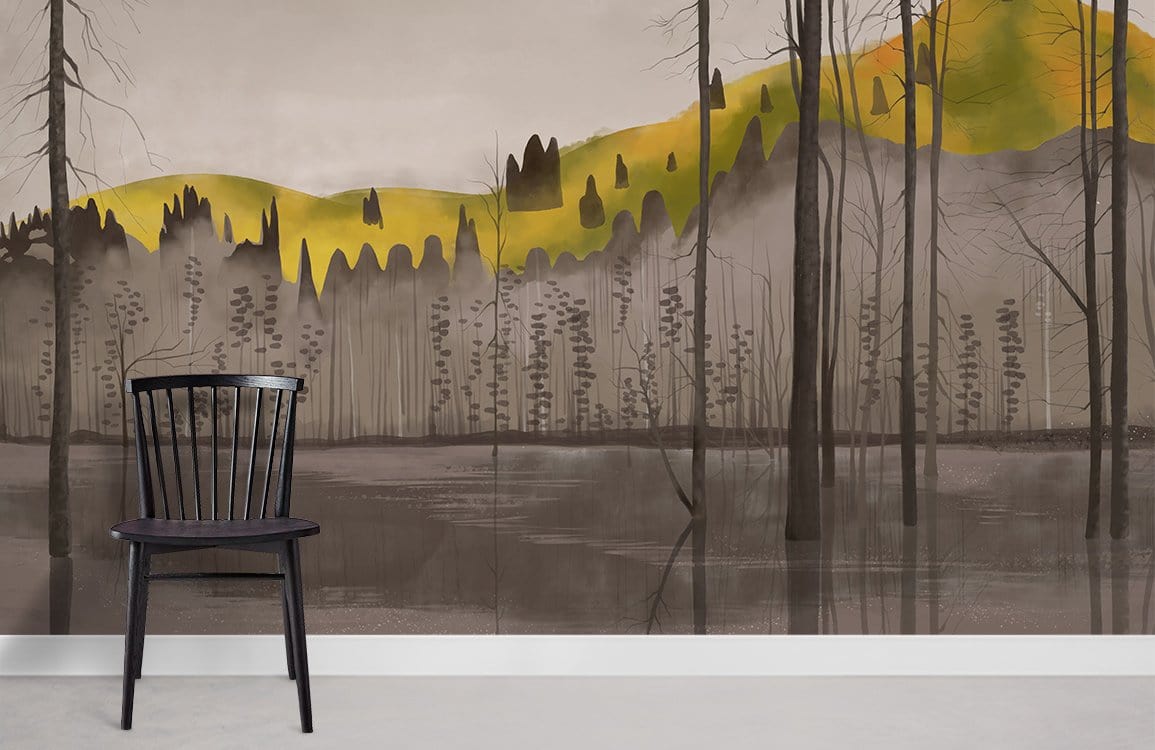 Tranquil autumn forest mural wallpaper with black chair, grey flooring in earthy tones and watercolour style.