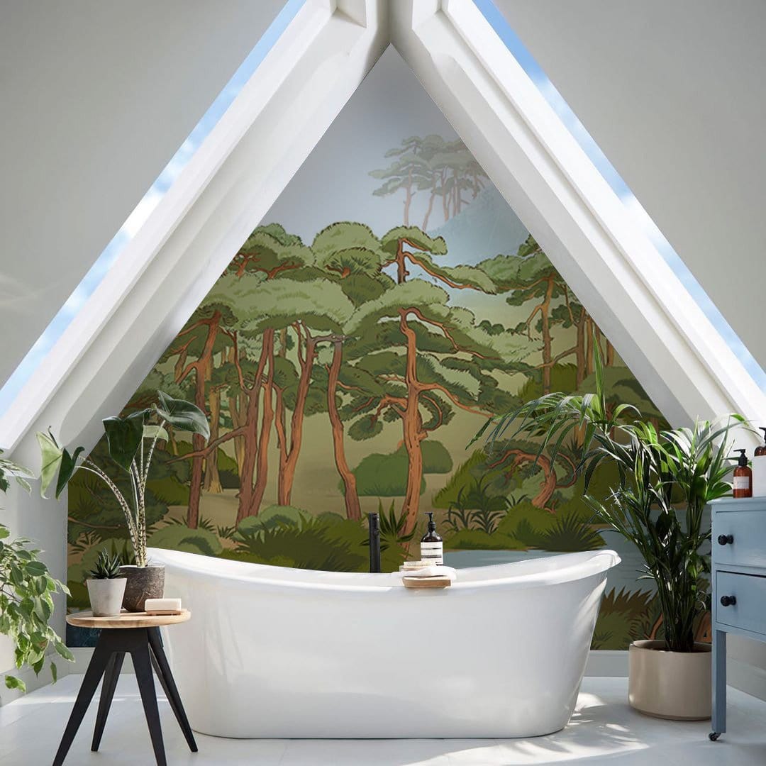 Alt text: Serene Forest wallpaper in triangular bathroom, white tub, green foliage, and beige accents.