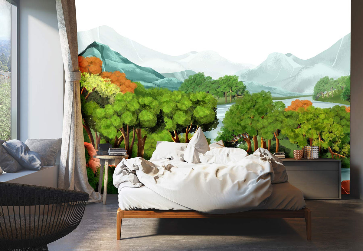 Tranquil mural wallpaper in stylish bedroom with plush bed, scenic forest and mountain view.