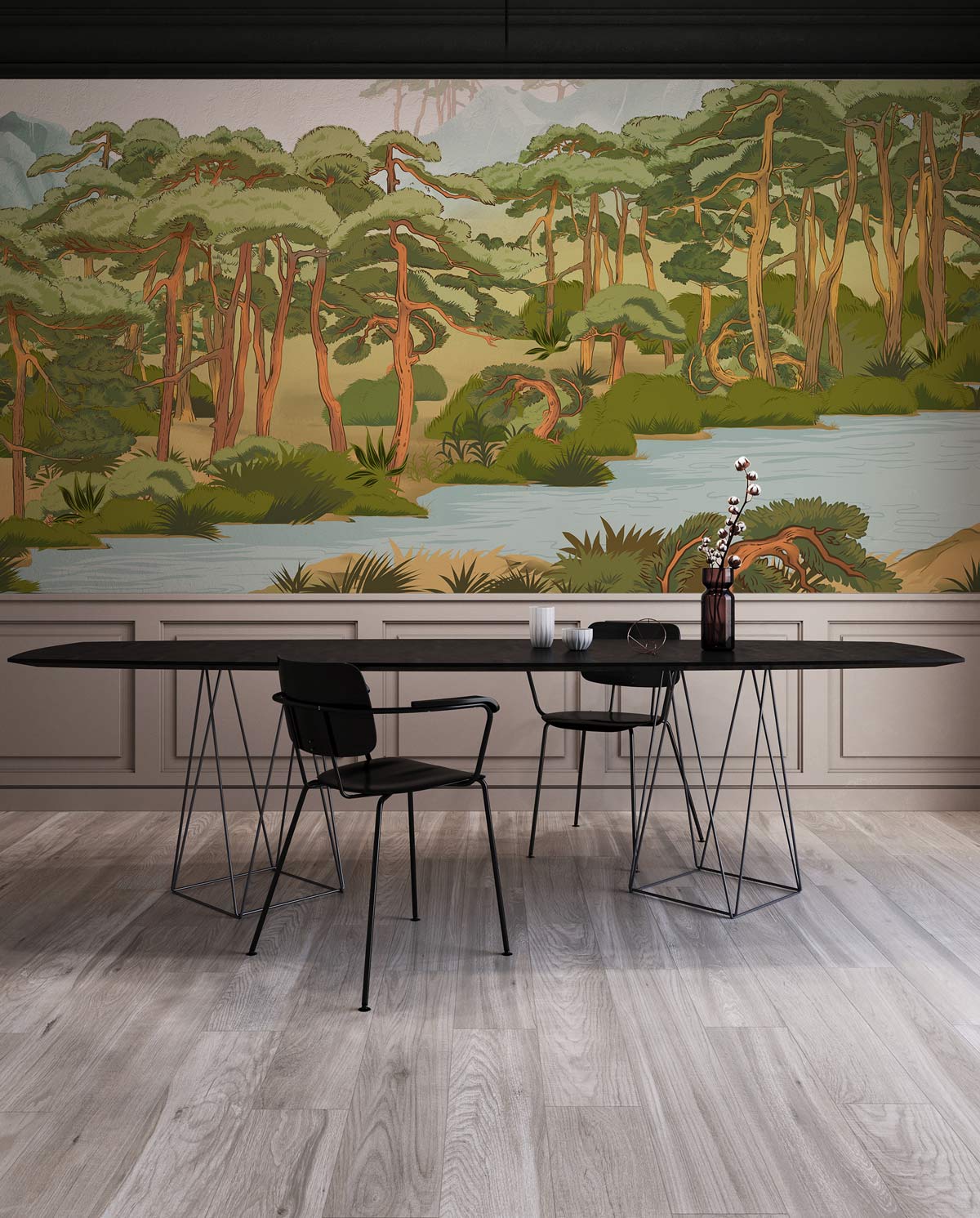 Serene Forest mural with dining table, green and beige wallpaper, wood flooring, modern black chairs.