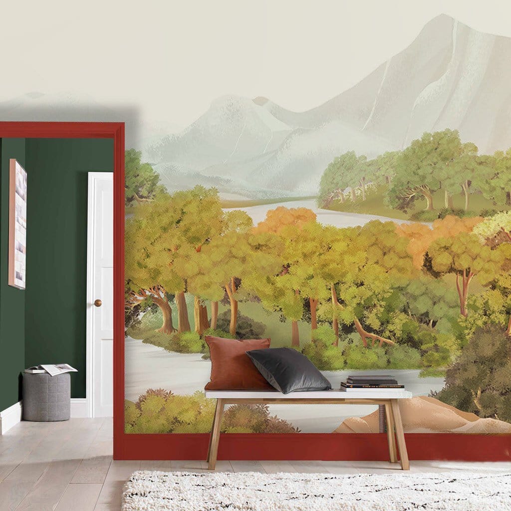 Serene Mountain Forest Landscape mural wallpaper, green wall, brown sofa, contemporary living room decor.