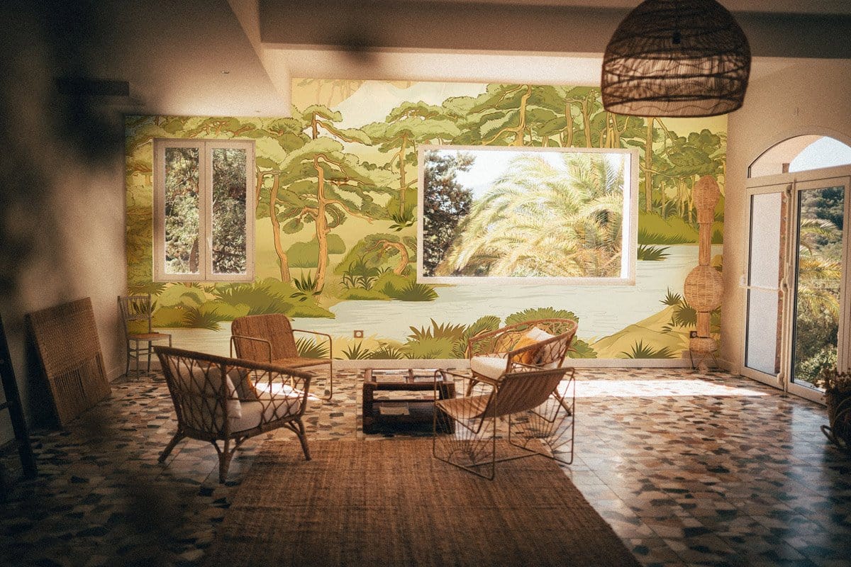 Tranquil mural wallpaper with forest and river, wicker chairs, tiled flooring in a sunny living room.