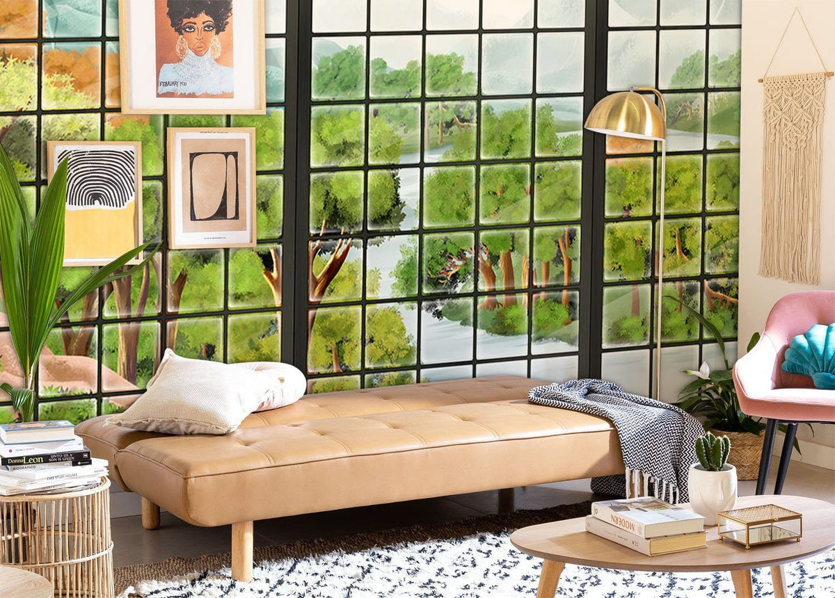 Breathtaking Scenic Forest Mural Wallpaper enhances living room with beige sofa, artworks, and gold lamp.