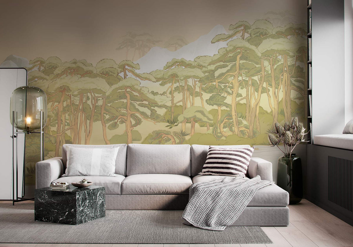 Tranquil green forest mural, serene river design; grey sofa, modern lamp, light wood flooring.