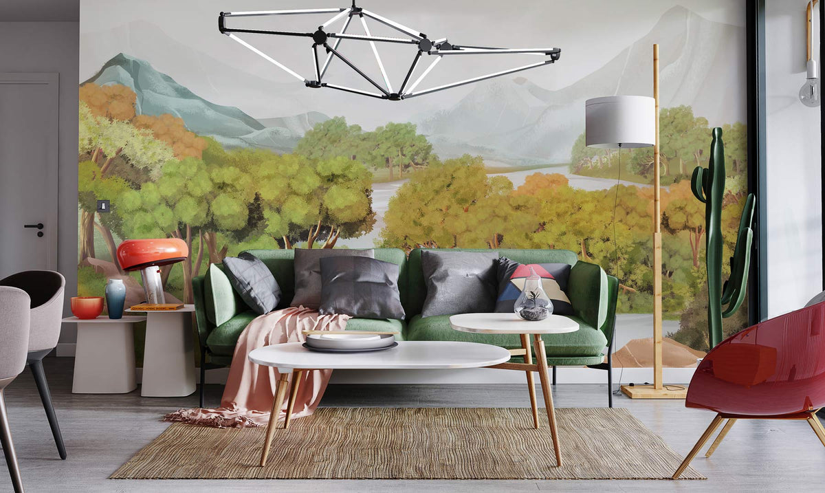 Green sofa living room with forest mural wallpaper, modern lighting, rug, and minimalist tables.