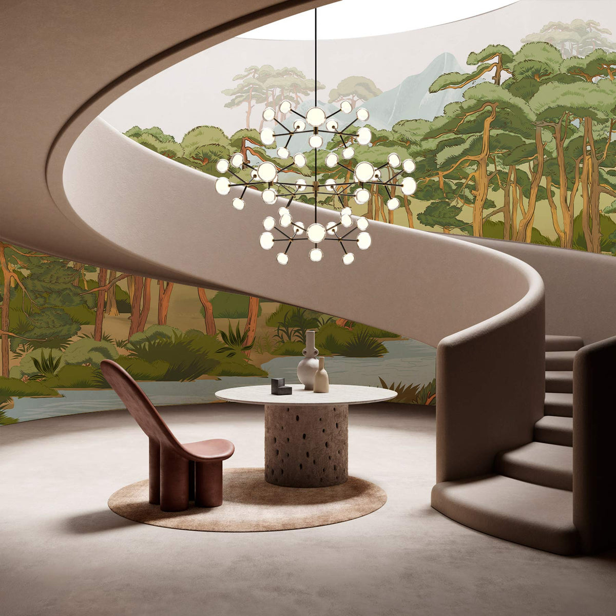 Modern living room with green mural wallpaper, beige staircase, round table, and stylish brown chair.