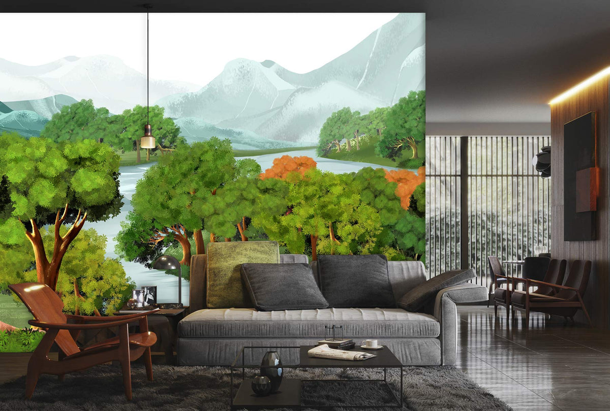 Tranquil Green Forest Landscape Mural in living room with modern grey sofa and sleek flooring.
