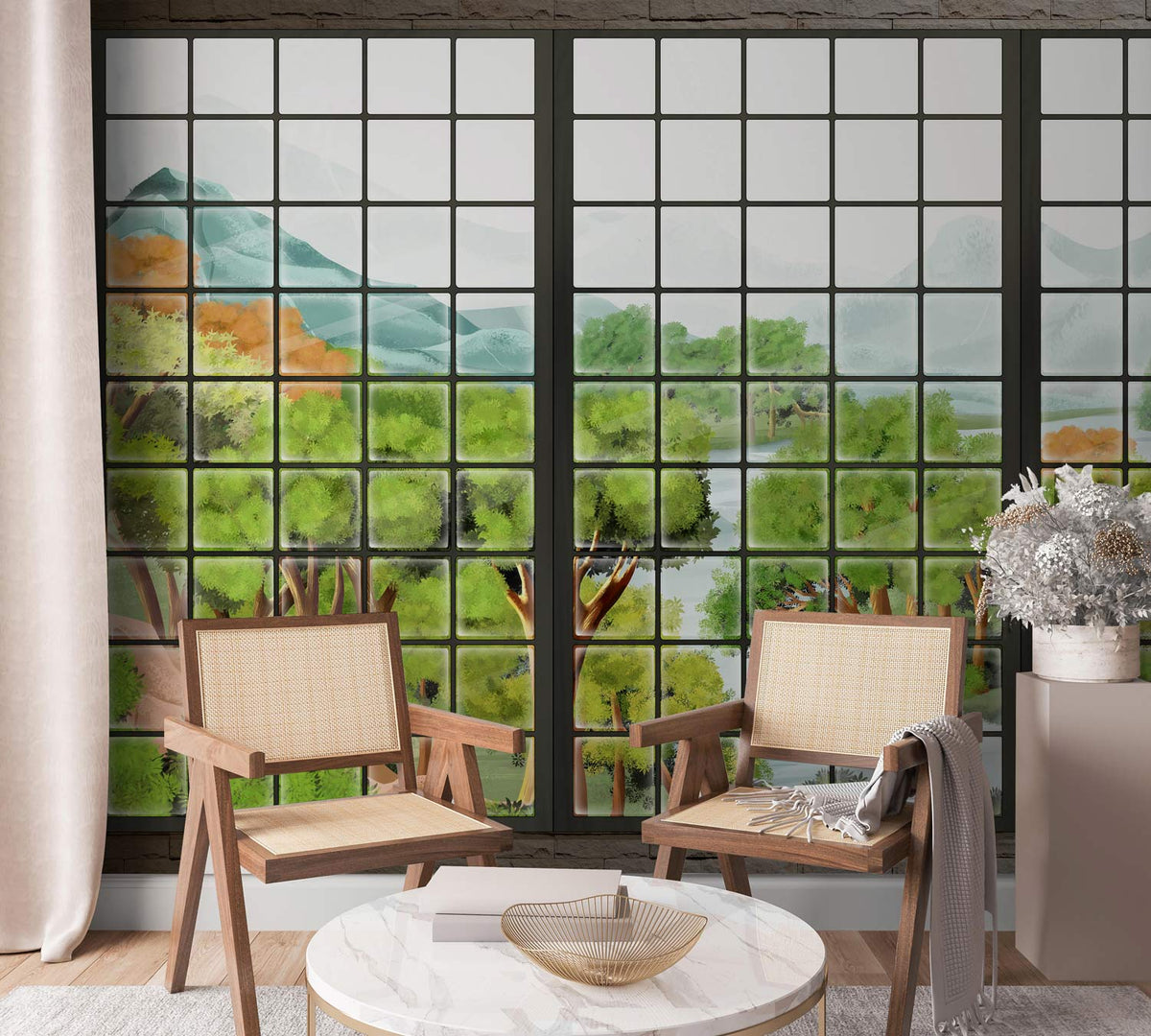 Breathtaking Scenic Forest Mural Wallpaper with wood chairs, marble table, and modern decor in living room.