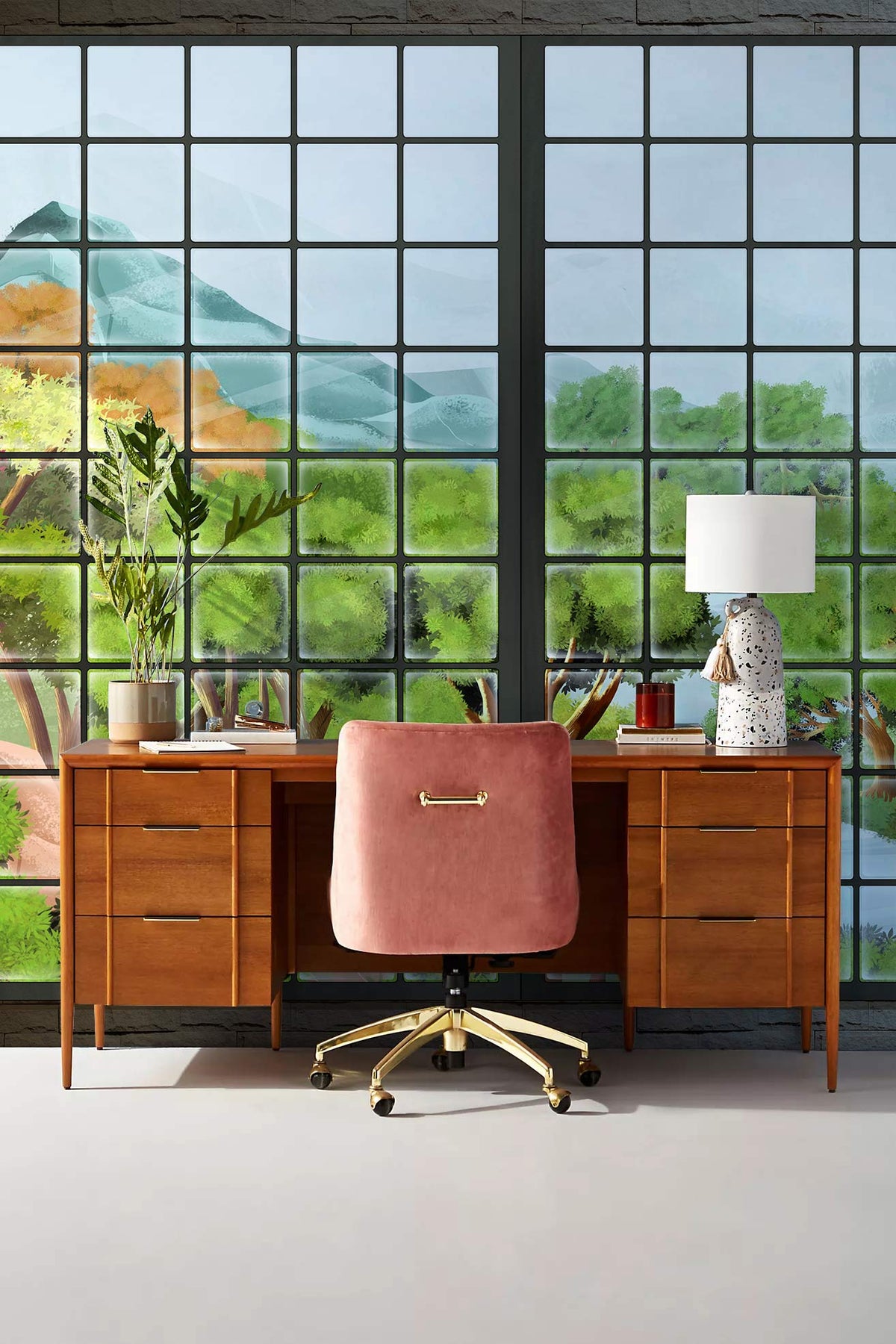Breathtaking Scenic Forest Mural Wallpaper in home office, featuring wooden desk and pink chair.
