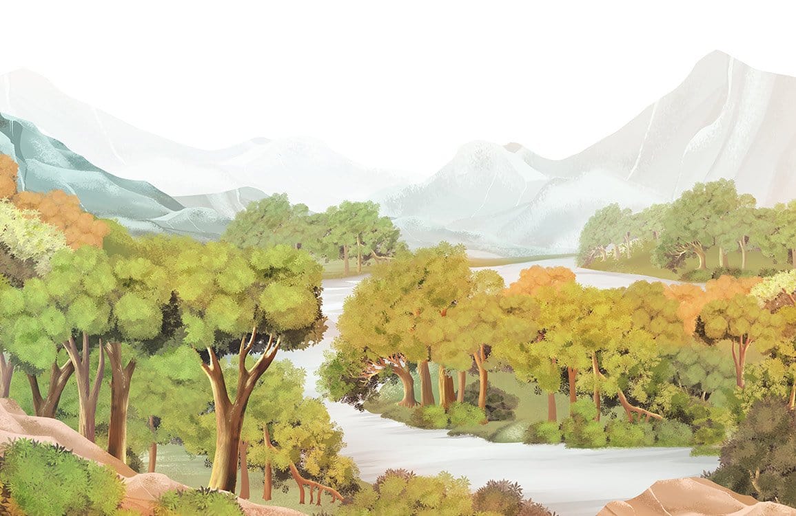 Serene Mountain Forest Landscape Mural Wallpaper in Green and Earth Tones
