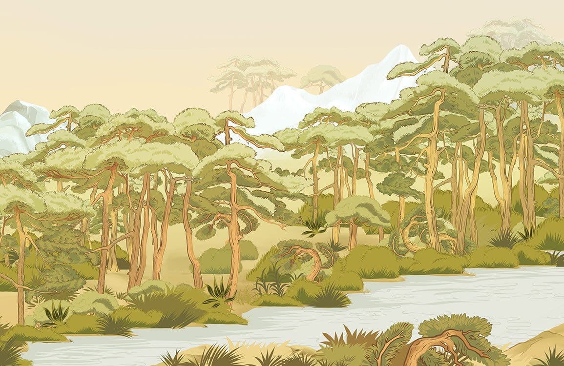 Tranquil Green Forest Scene Mural Wallpaper with Serene River Landscape Design