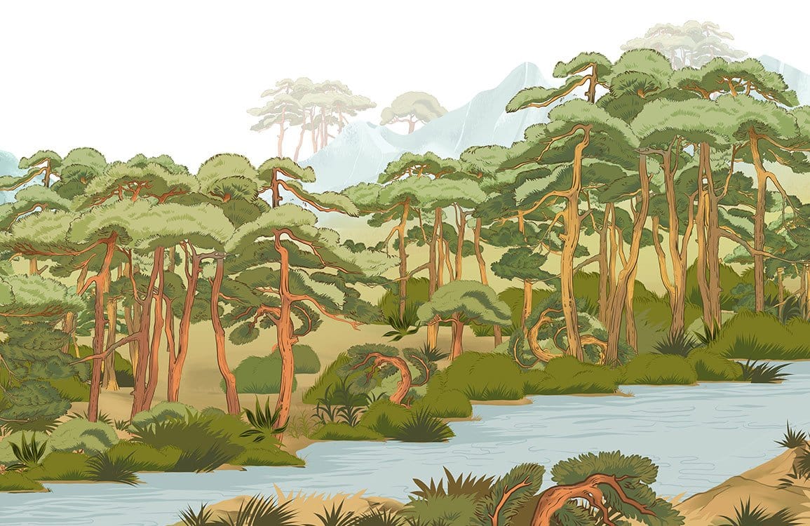 Serene Forest Landscape Scenic Green and Beige Mural Wallpaper Design