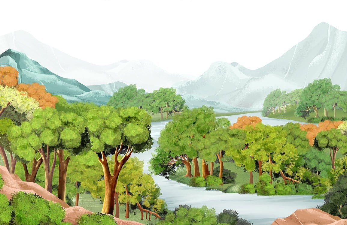 Tranquil Green Forest Landscape Mural Wallpaper with Soft Pastel Mountain Scenery