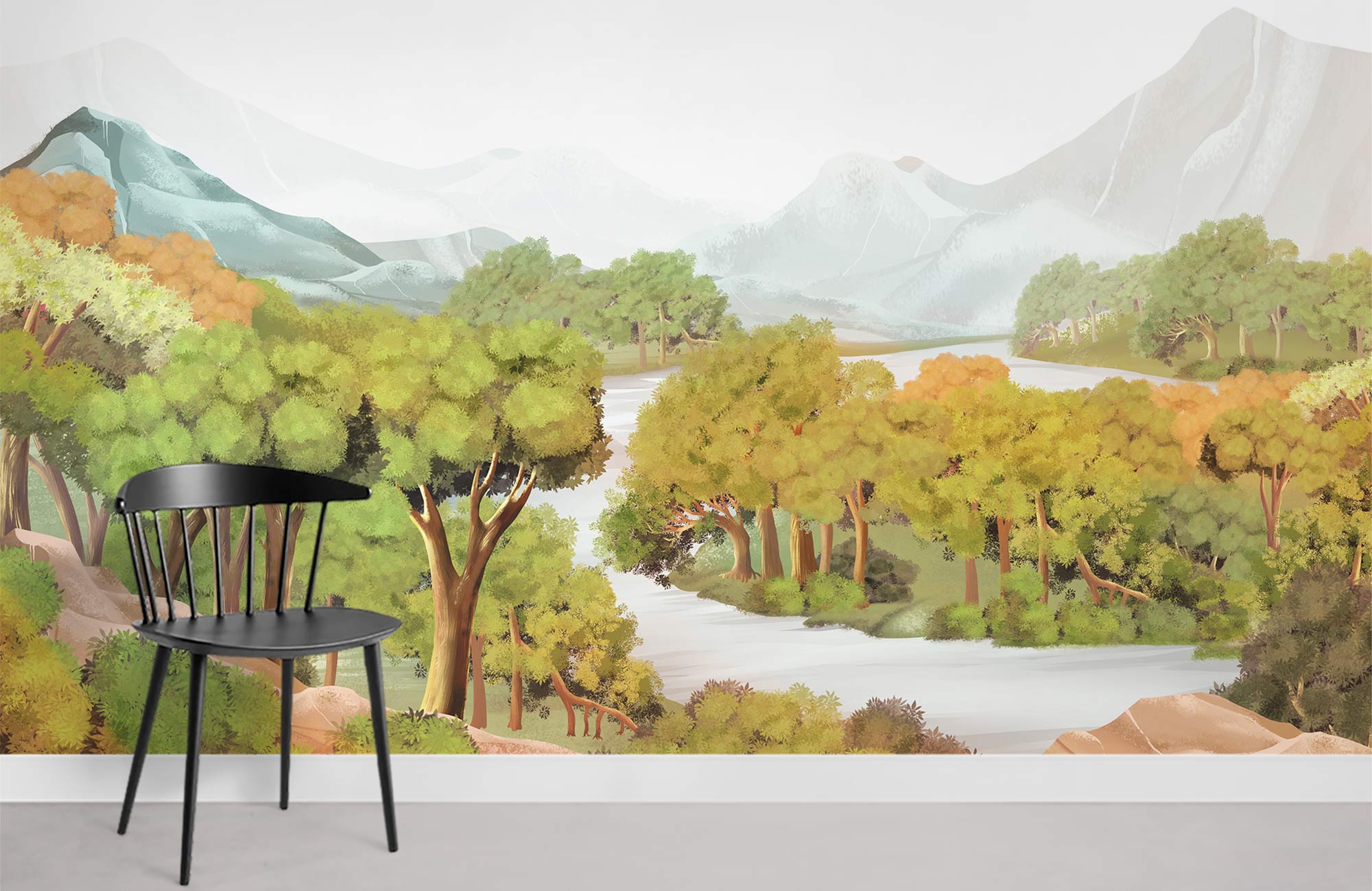 Serene Mountain Forest Mural Wallpaper, green earth tones, black chair, grey flooring, wall art Décor.
