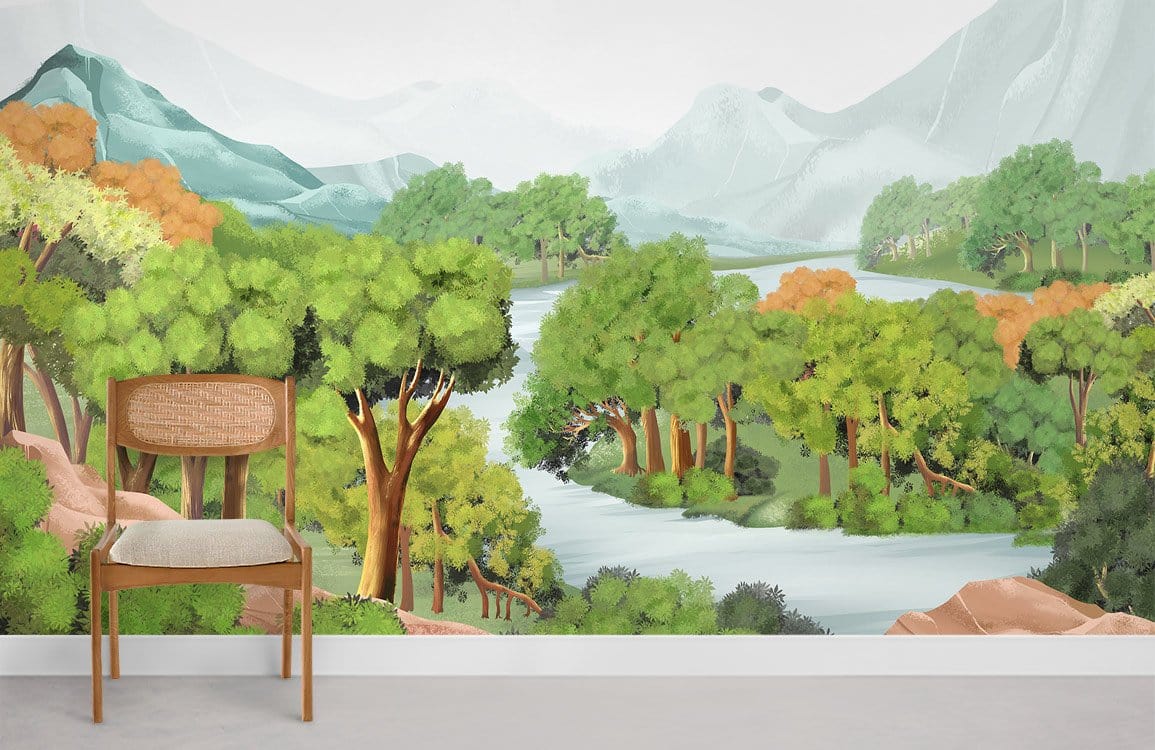 Tranquil forest mural wallpaper with pastel mountains, wooden chair, soft grey floor, serene decor ambiance.
