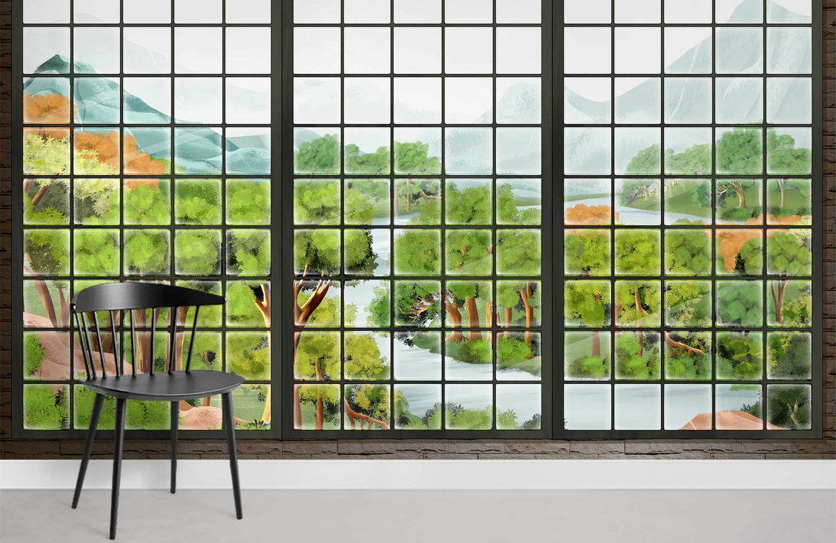 Black chair in front of vibrant forest mural wallpaper, wooden panel design, spacious room interior.