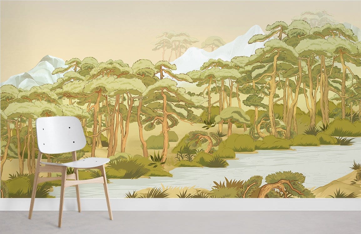 Alt text: Tranquil Green Forest Scene Mural Wallpaper with Serene River, white chair, beige wall, grey flooring.