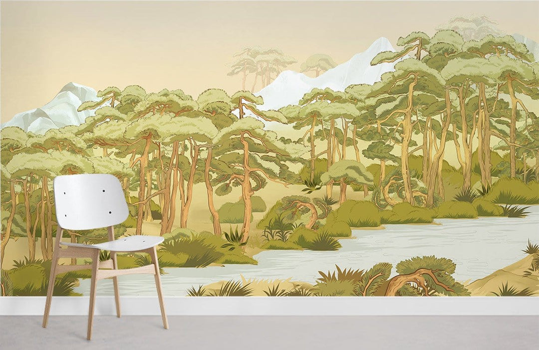 Alt text: Tranquil Green Forest Scene Mural Wallpaper with Serene River, white chair, beige wall, grey flooring.
