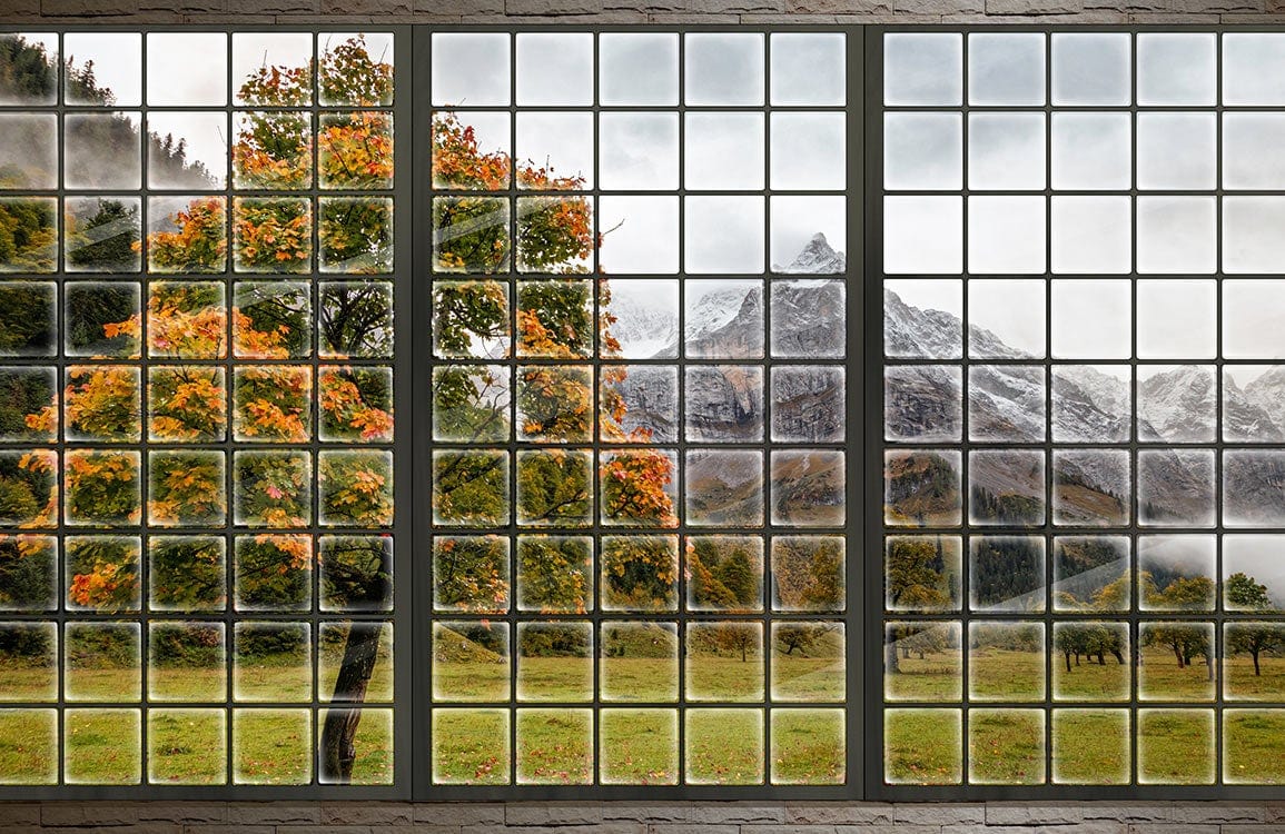 Scenic Mountain Autumn View Window Mural Wallpaper - Natural Landscape Décor
