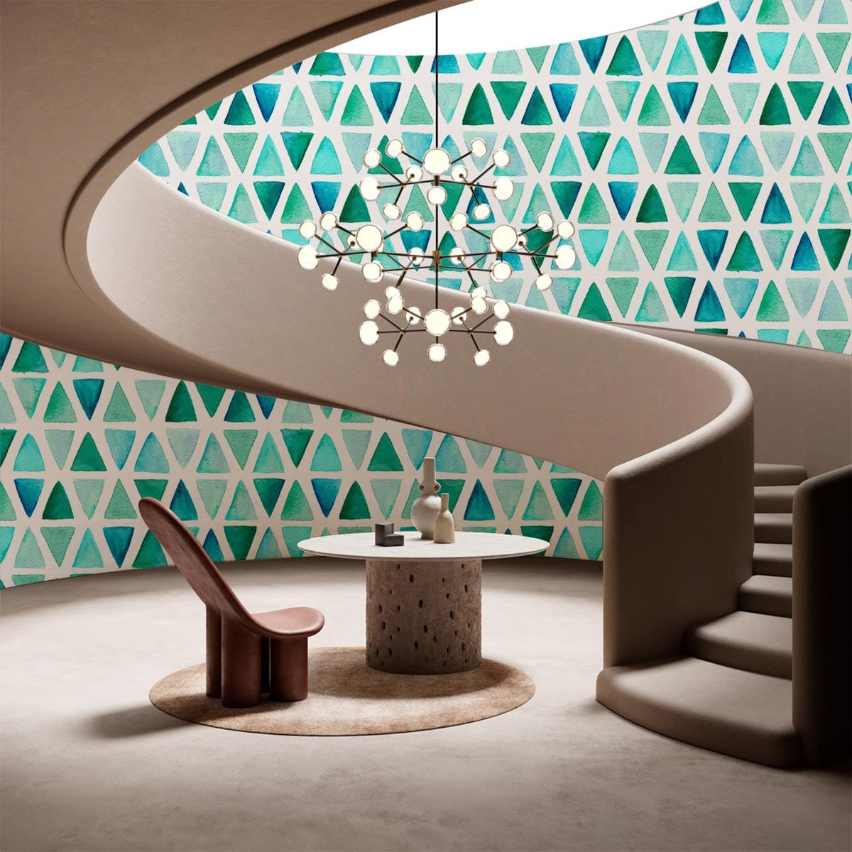Aqua geometric triangles wallpaper with teal and green design, modern staircase, round table, beige chair.