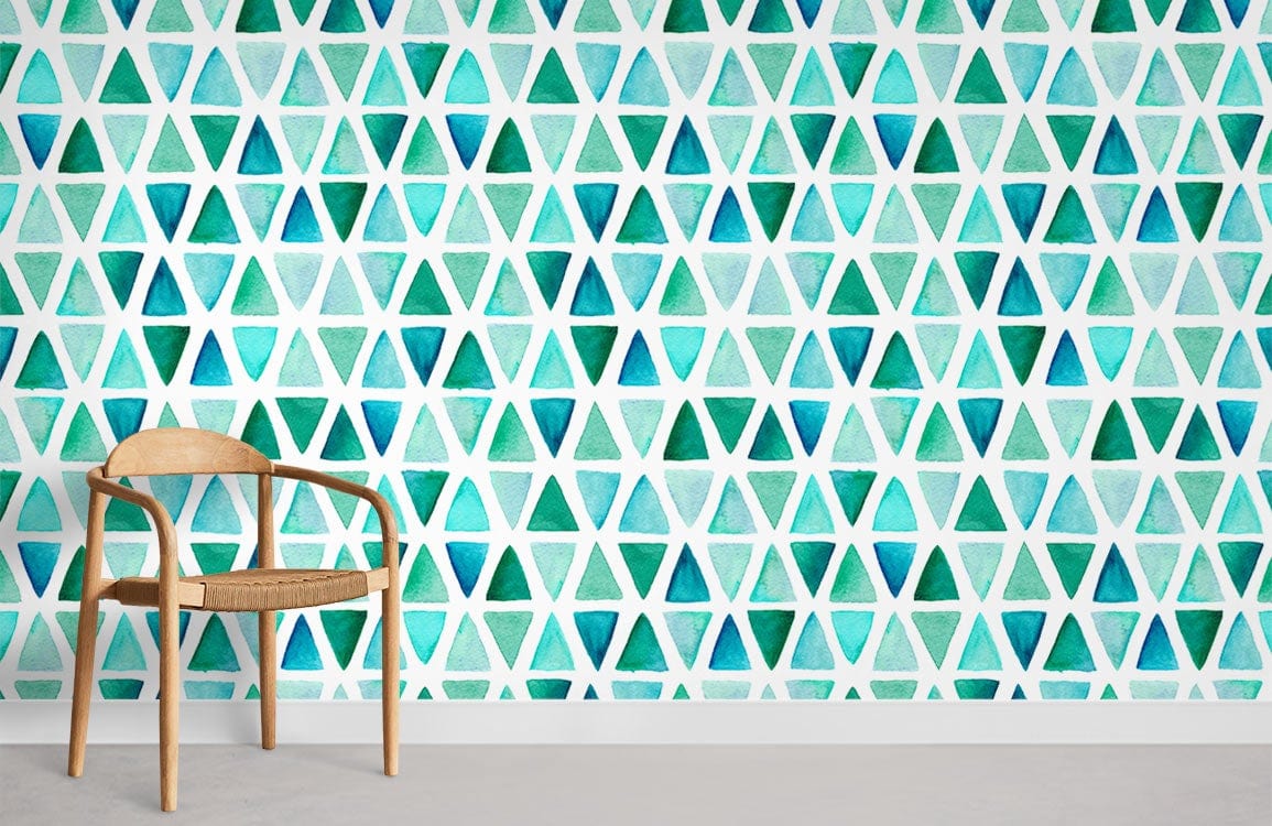 Aqua geometric triangles wallpaper with modern teal design, featuring wooden chair on grey flooring.