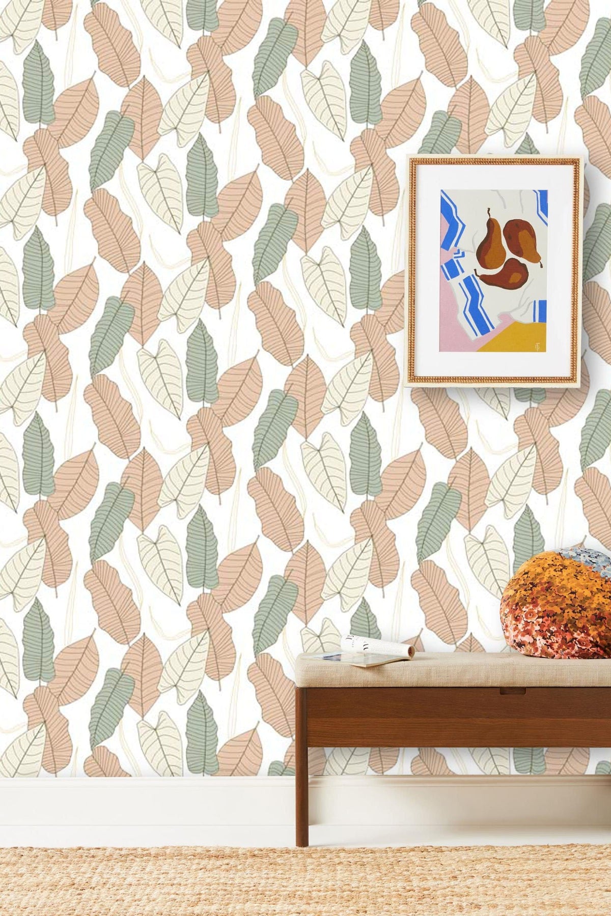 Autumnal leaf pattern wallpaper, pastel green-beige tones; wooden console, abstract artwork, woven rug.