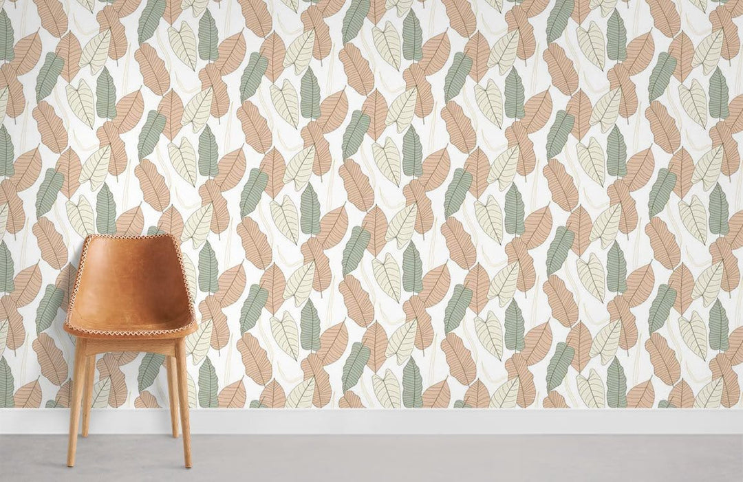 Autumnal Leaf Pattern Wallpaper in pastel tones, beige chair, grey carpet in modern living room.