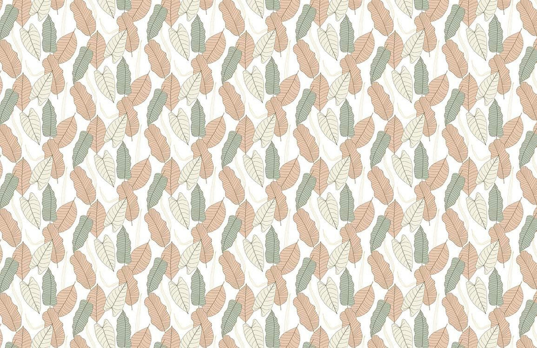 Autumnal Leaf Pattern Wallpaper in Pastel Green and Beige Tones