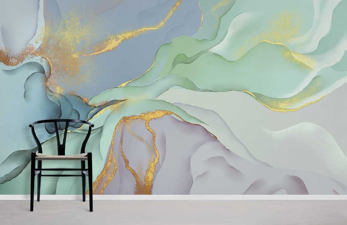 Abstract watercolour mural wallpaper in aqua and gold tones, featuring modern black chair on grey flooring.