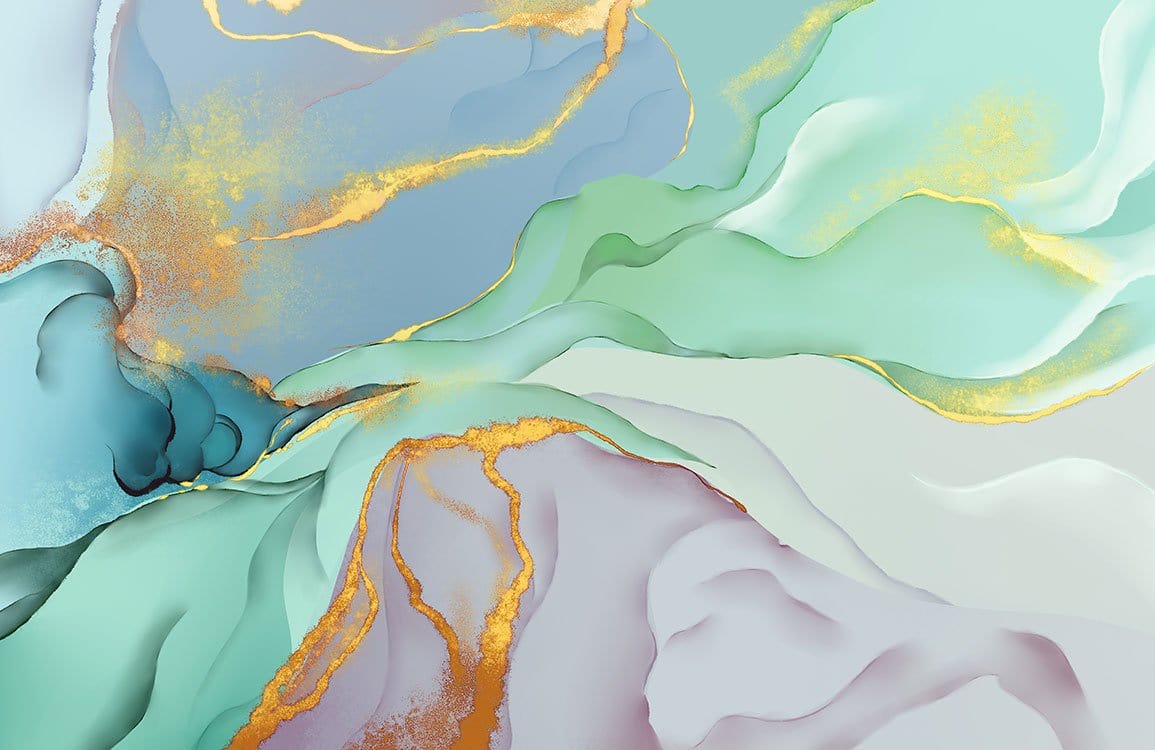 Abstract Watercolour Flow Mural Wallpaper in Aqua and Gold Tones