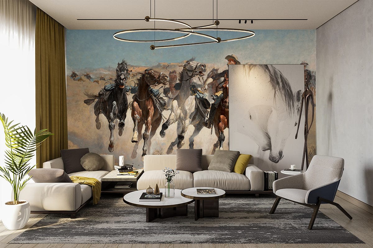 Dynamic Western Cavalry Charge mural wallpaper, beige sofa, modern lounge, grey rug, abstract chandelier.