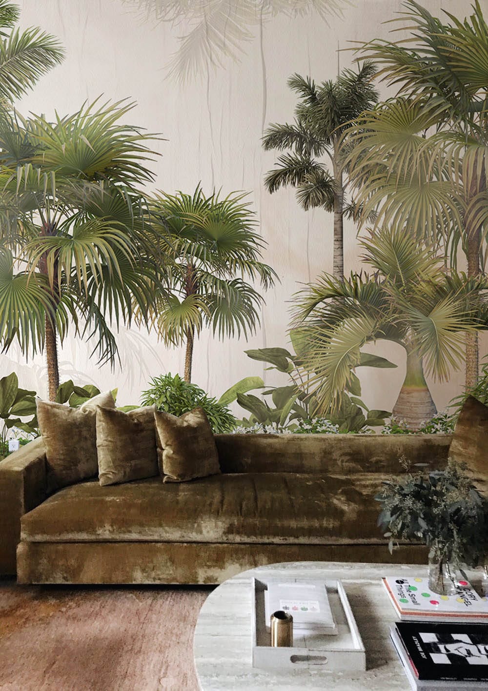 Tropical Oasis Mural: Green palm trees, velvet brown sofa, wooden coffee table, botanical living room.