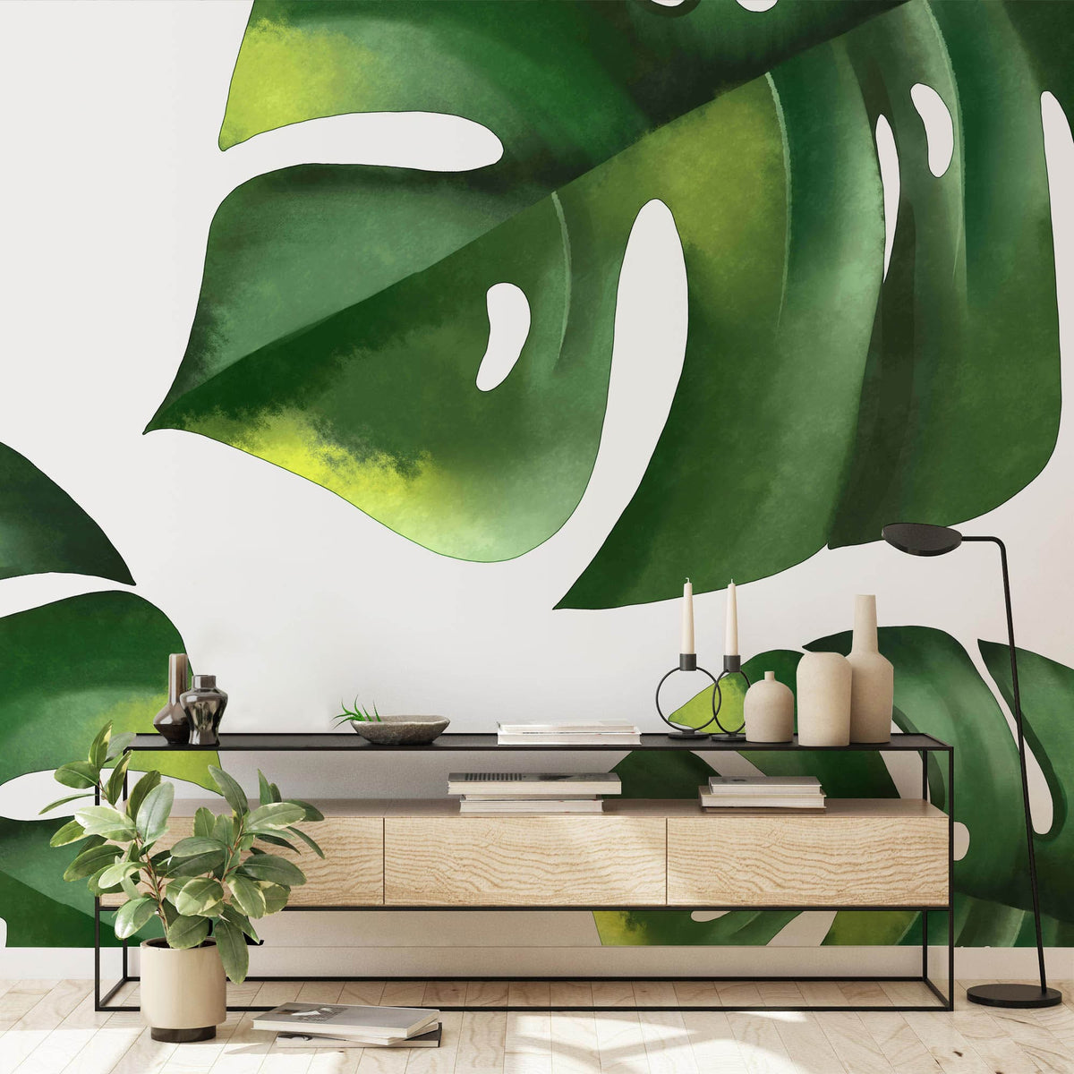 Vibrant Green Monstera leaf wallpaper in a modern living room with wooden console and clean decor.