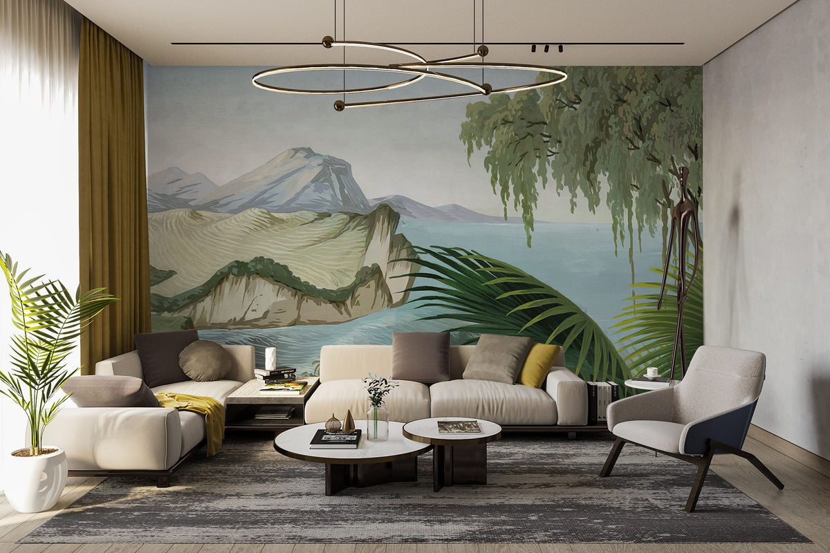 Modern living room with Lush Tropical Scenic Mural Wallpaper, neutral sofas, elegant chandelier, grey flooring.