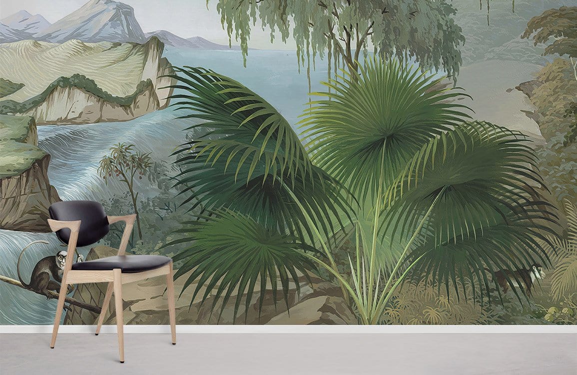 Lush Tropical Scenic Mural Wallpaper featuring verdant palm, mountain vista, and elegant black chair.