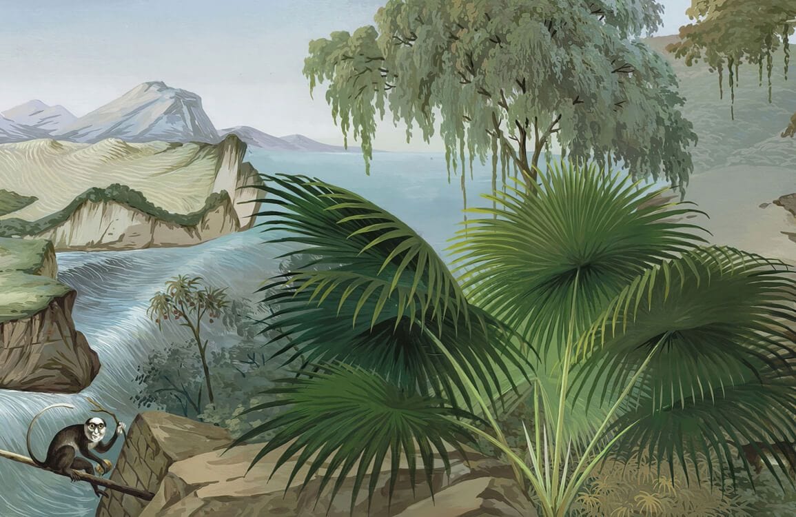 Lush Tropical Scenic Mural Wallpaper with Verdant Palm and Mountain Vista