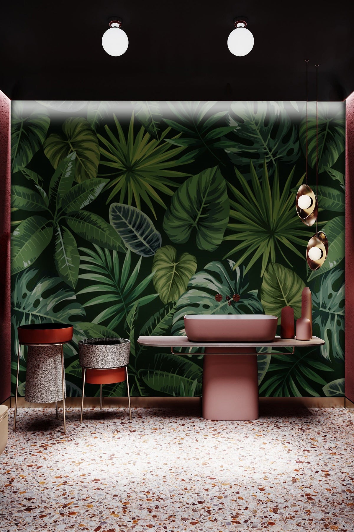Tropical Green Leaf Jungle Wallpaper with terrazzo flooring, modern pendant lights, and stylish pink accents.