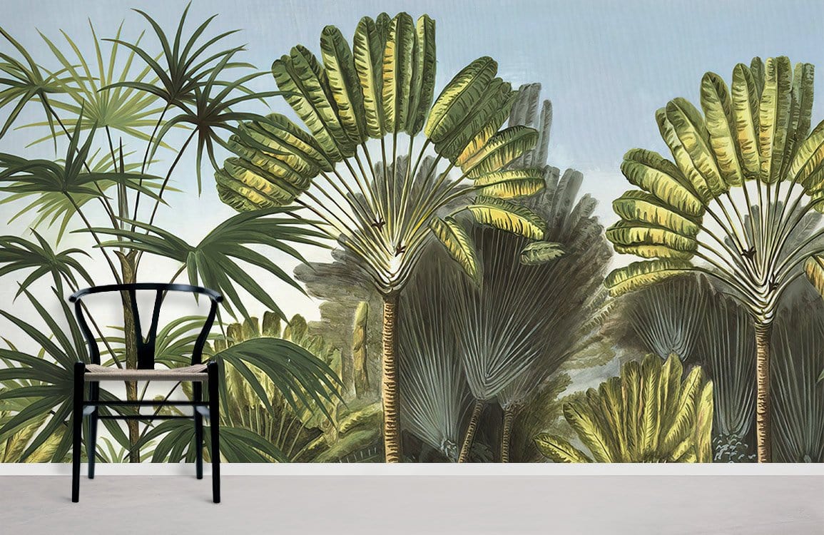 Tropical mural wallpaper with lush jungle design, black modern chair, light grey flooring in living room.