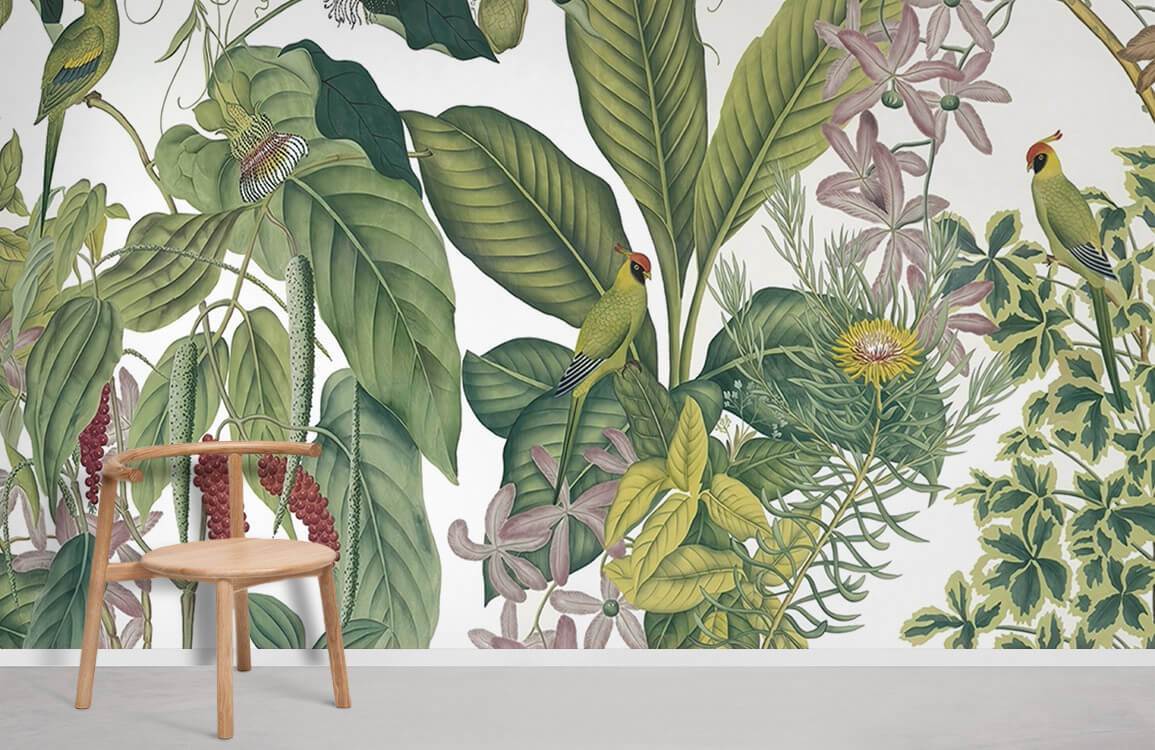 Alt text: Tropical green botanical mural wallpaper with exotic birds, wooden chair, and pale flooring in living room.
