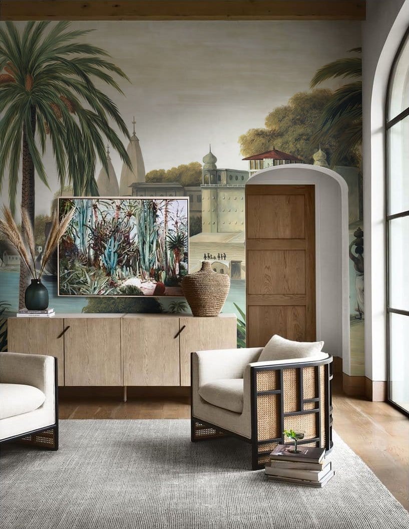 Tropical mural wallpaper in earthy tones, chic decor, colonial style, light sofa, wood flooring.
