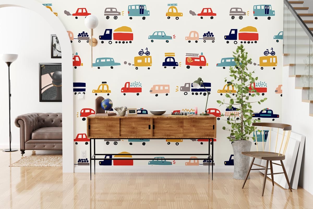 Multicolour children's car wallpaper, archway, brown sofa, wooden floor, potted plant, modern sideboard.