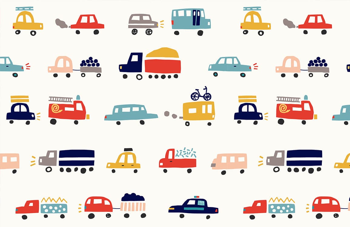 Vintage Traffic Jam Children's Wallpaper - Multicolour Playful Cars Illustration Pattern