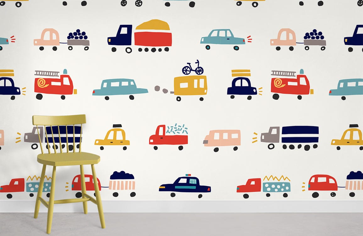 Vintage Traffic Jam children's wallpaper, playful cars pattern, with yellow chair, grey flooring in bedroom.
