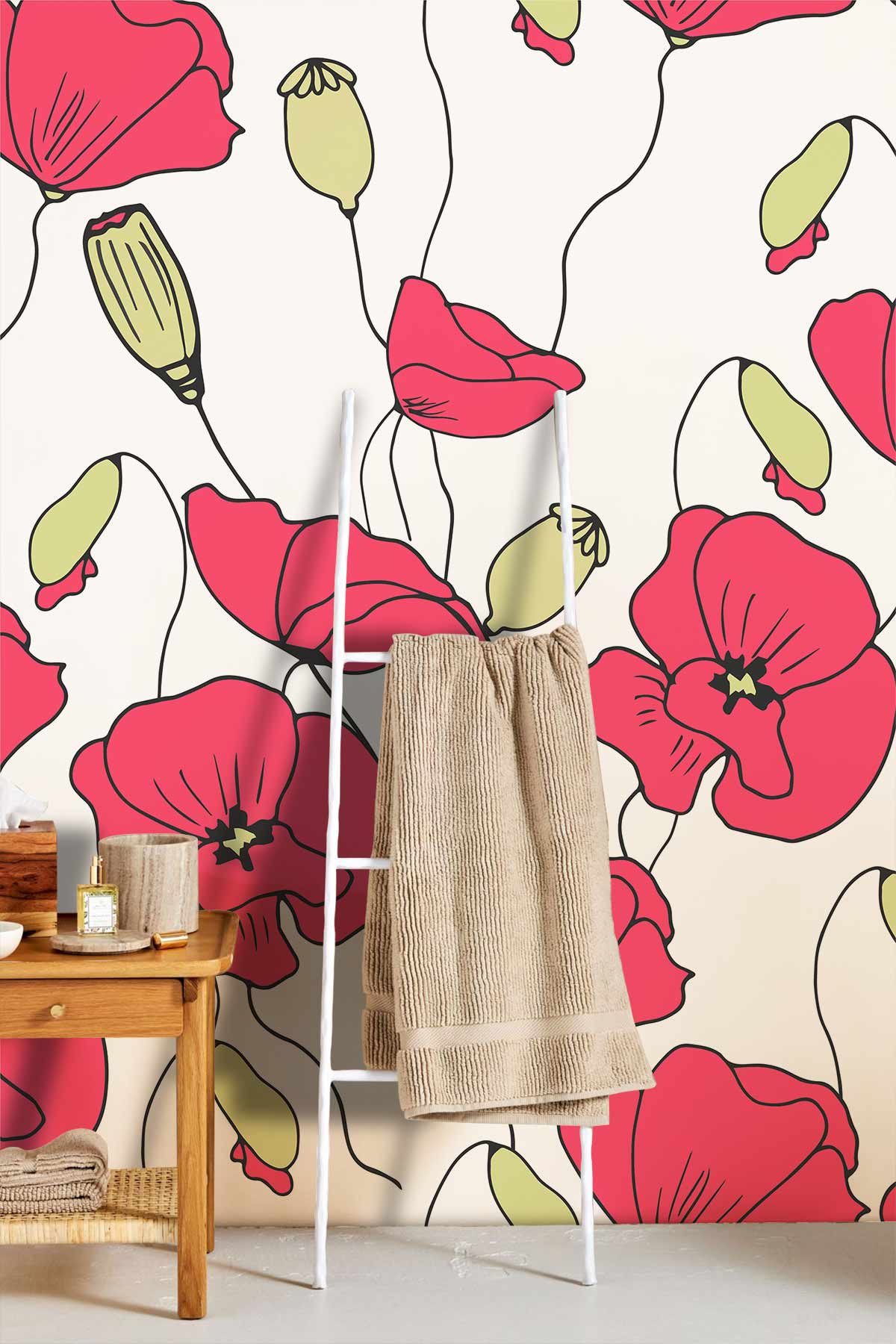 Vibrant red poppy wallpaper in living room with wooden furniture and beige towel on ladder.
