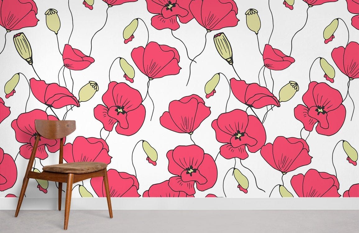 Red poppy wallpaper, white background, wooden chair, minimalistic decor, modern living room, grey flooring.