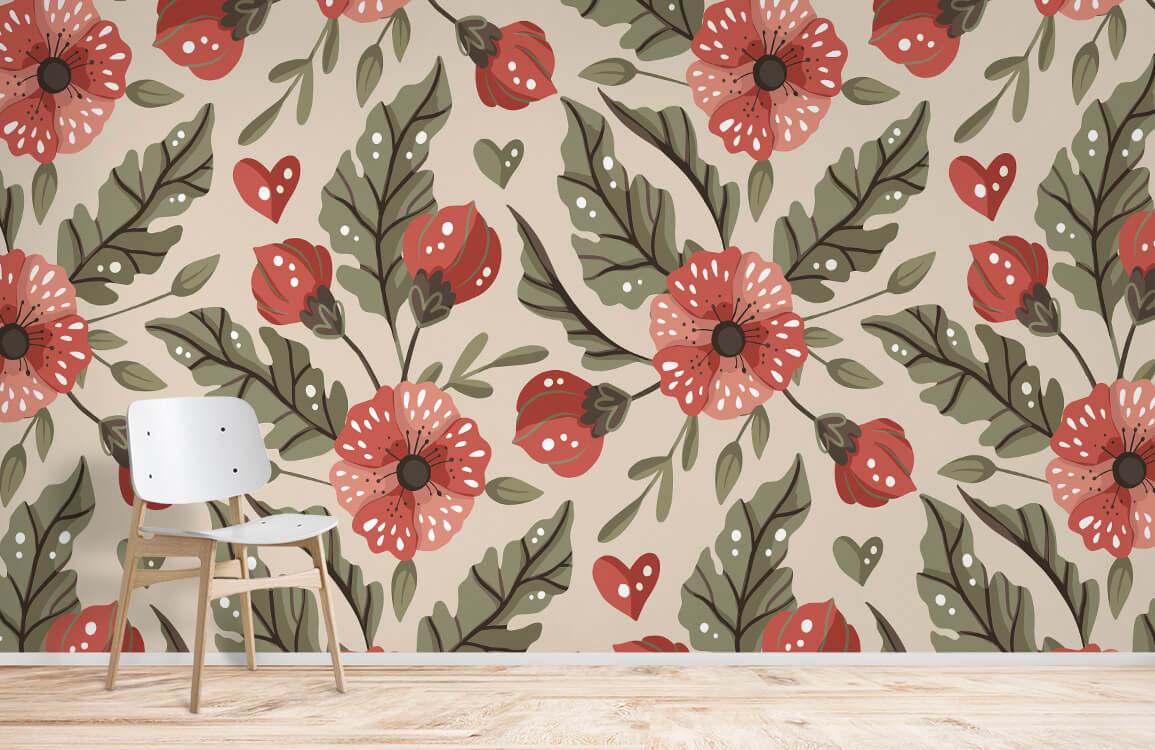 Vintage Floral Bliss Wallpaper with rustic red blossoms; cream background; wooden floor; white chair.