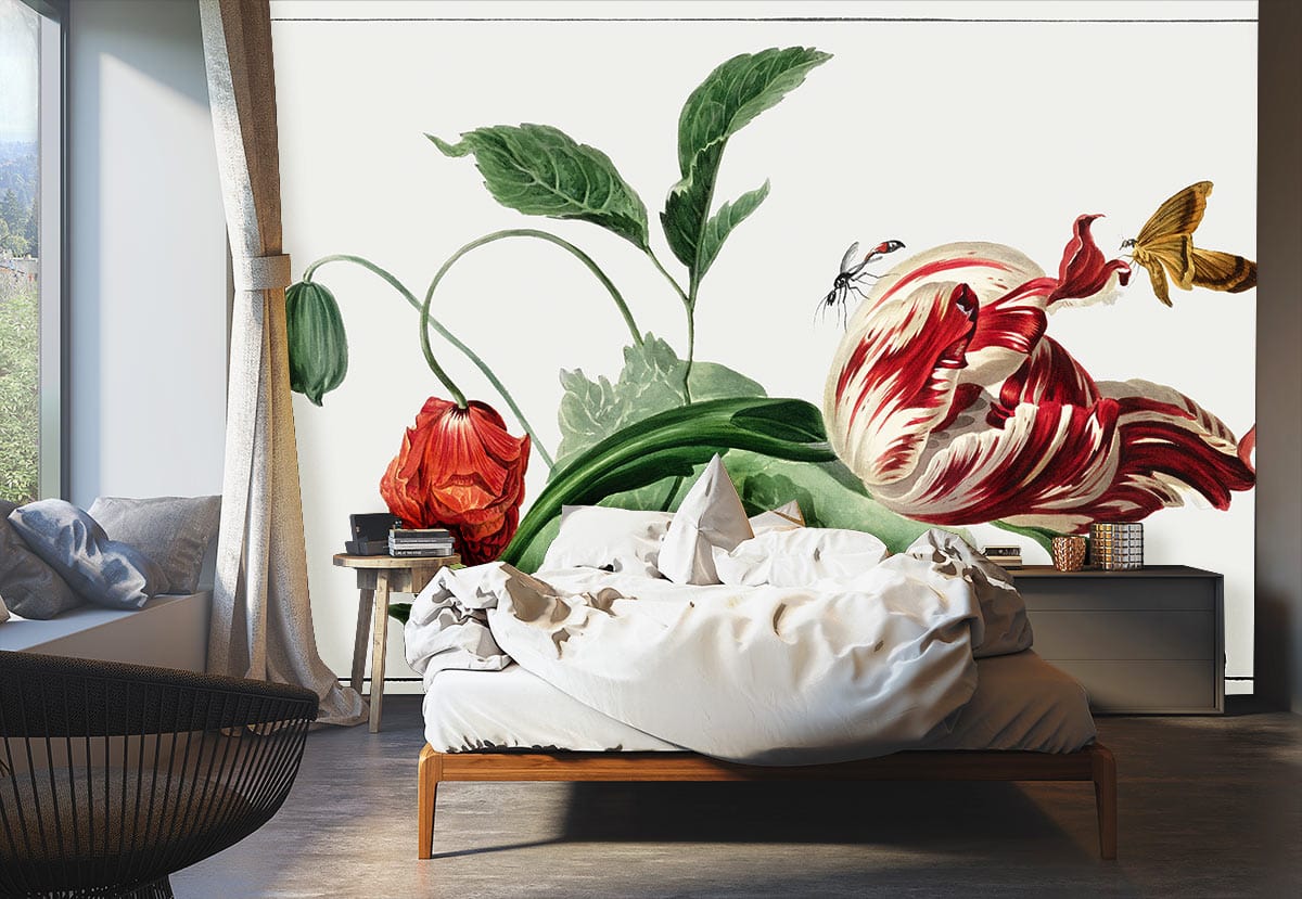 Vintage Botanical Floral Wallpaper Mural in bedroom with modern bed, neutral walls, and wooden flooring.