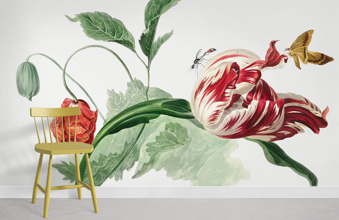 Vintage botanical floral wallpaper mural with red and green accents, yellow chair, white wall, minimalistic decor.